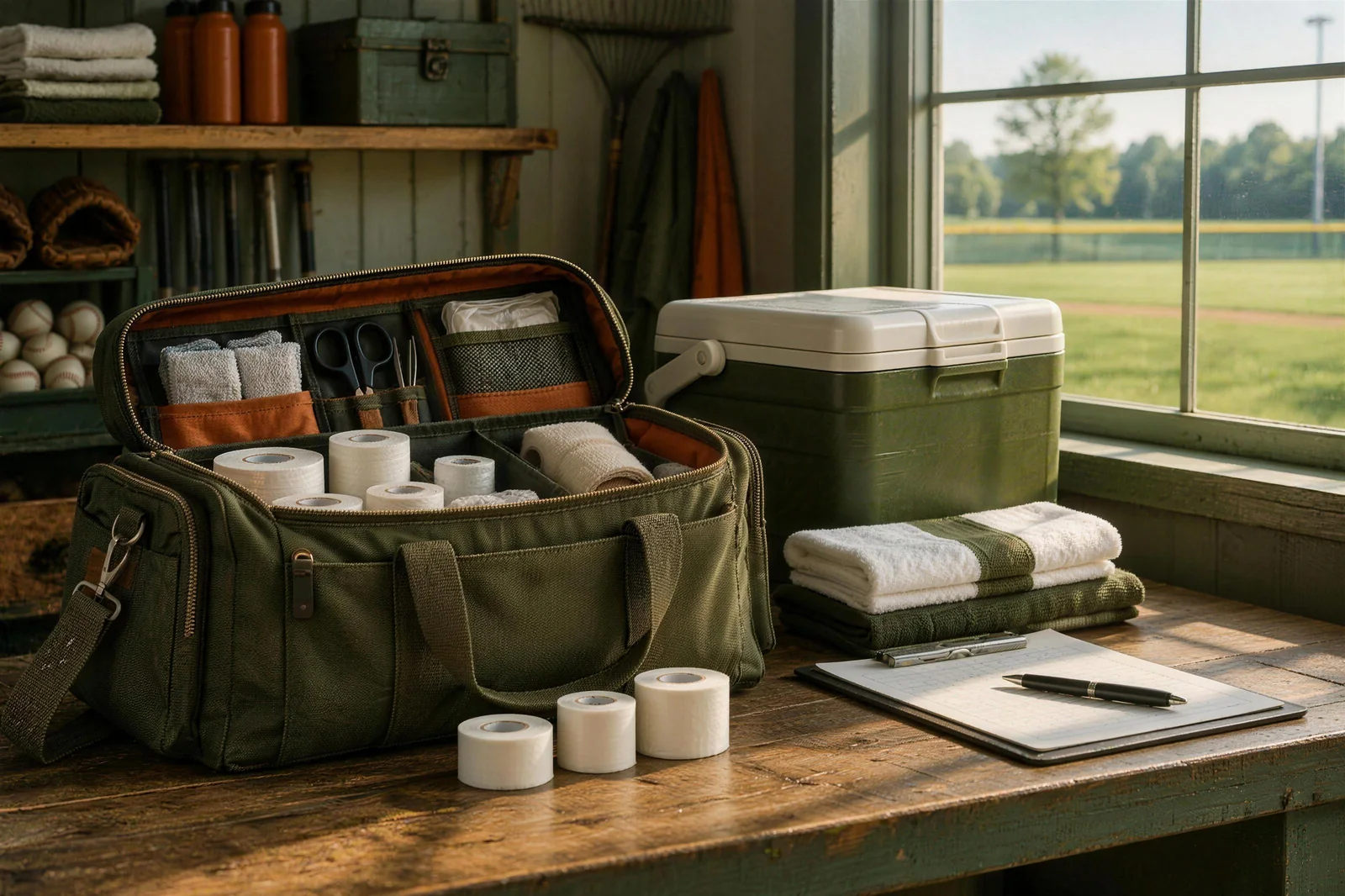 An athletic trainer's kit laid out neatly on a workbench