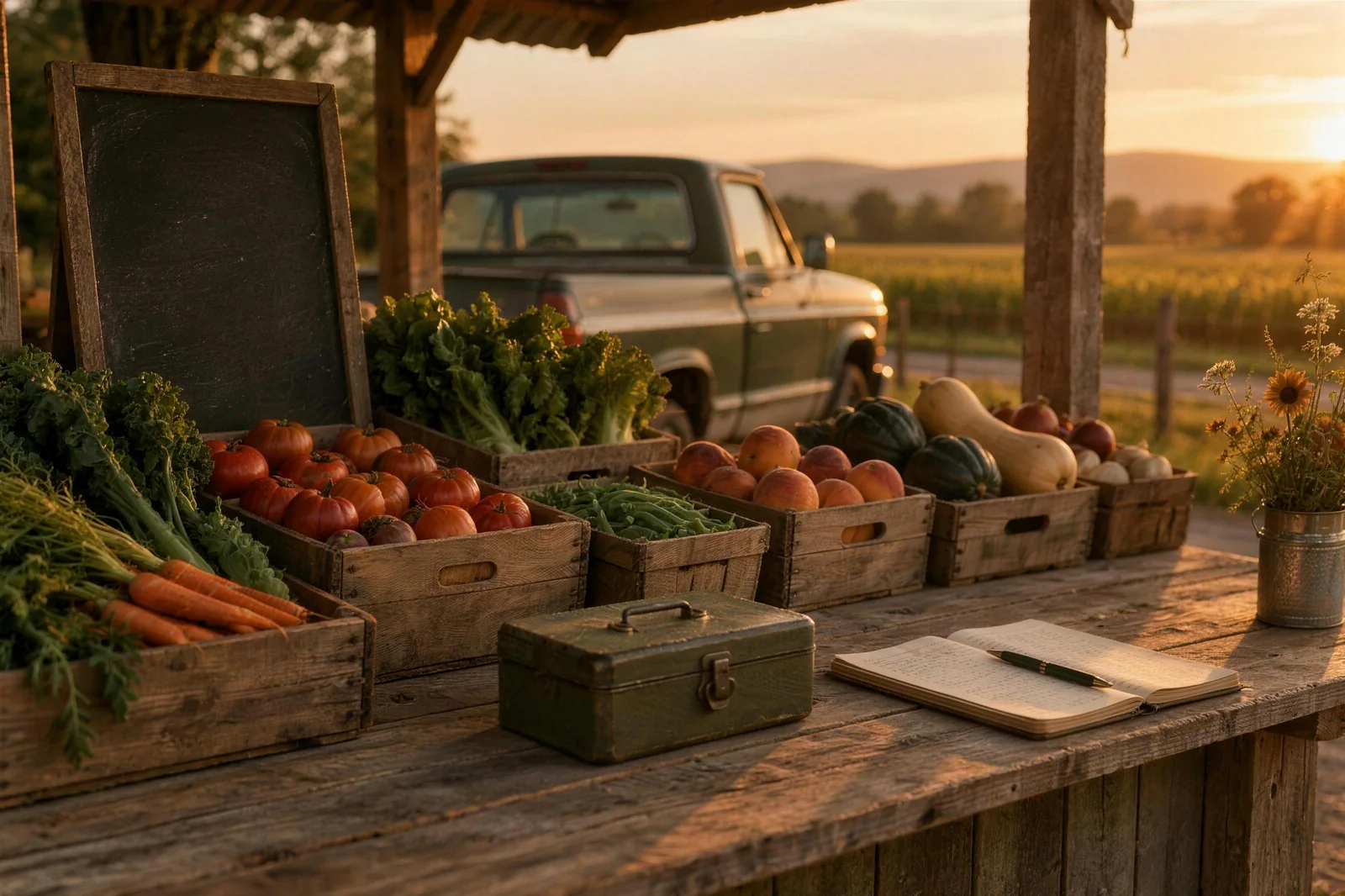 A roadside farm stand with a ledger on the counter at golden hour