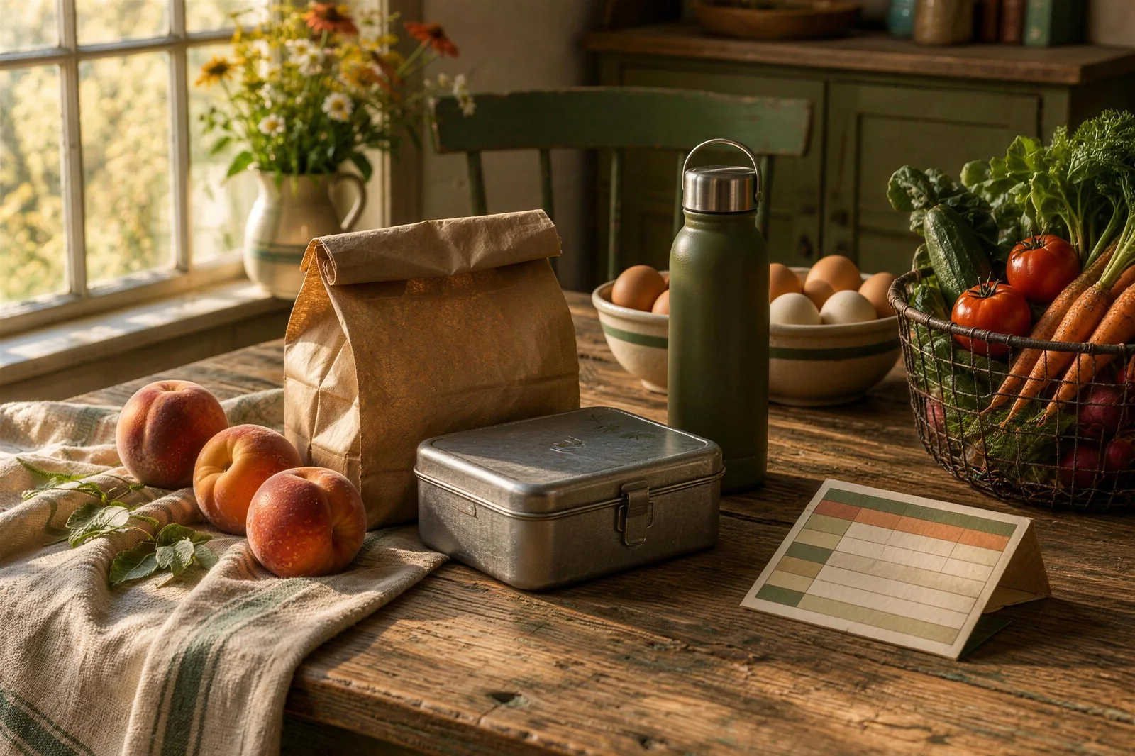 A packed lunch, fruit and a water bottle on a farmhouse table