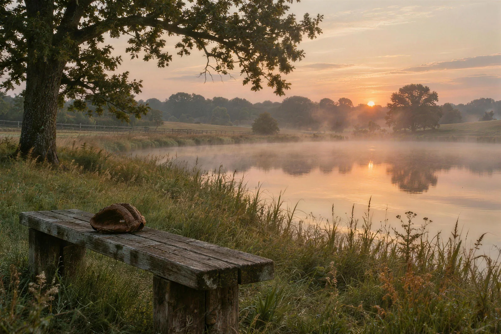 An empty bench and a ball glove beside a misty farm pond