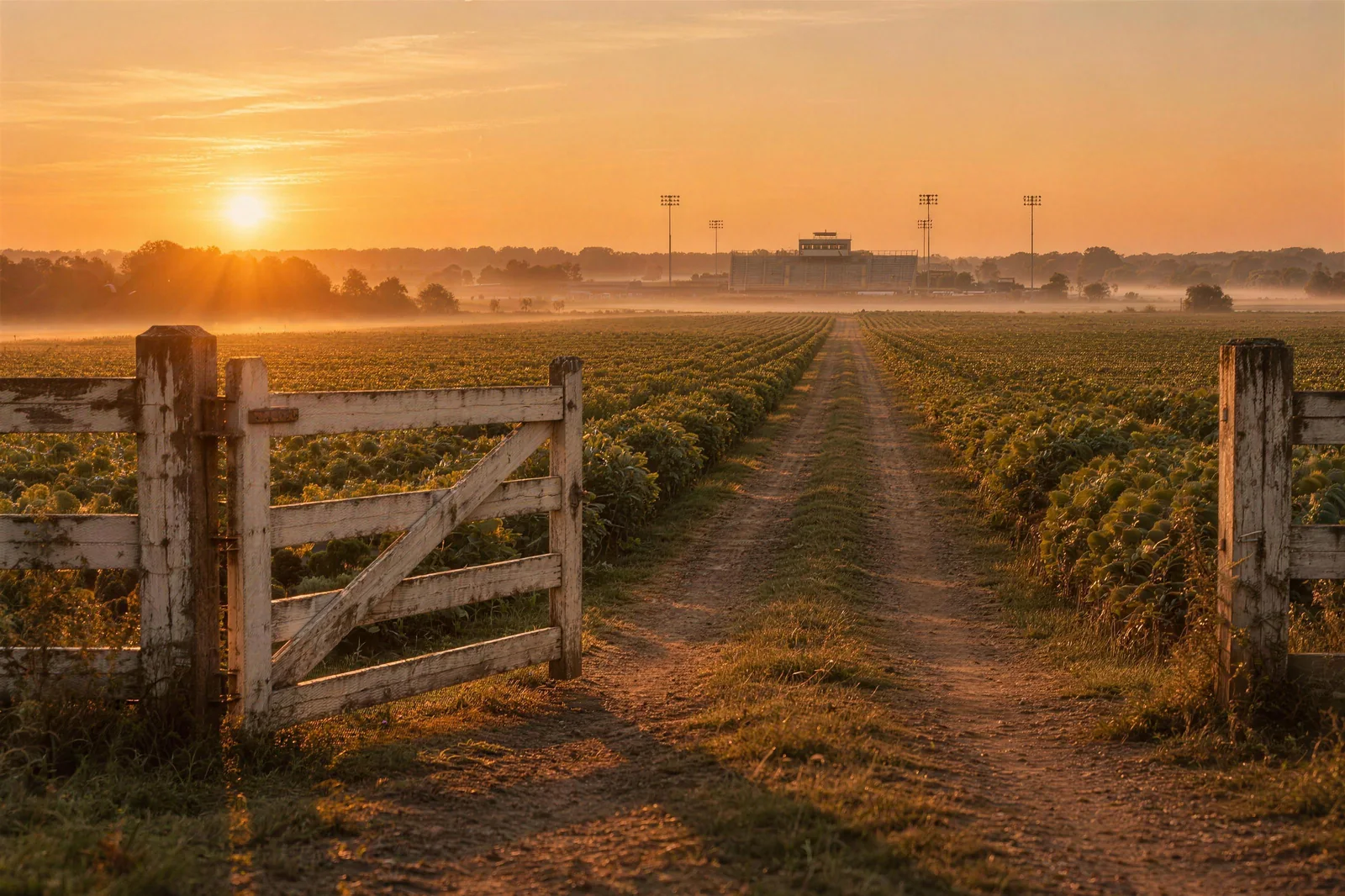A farm gate open onto a dirt road toward a distant stadium at sunrise