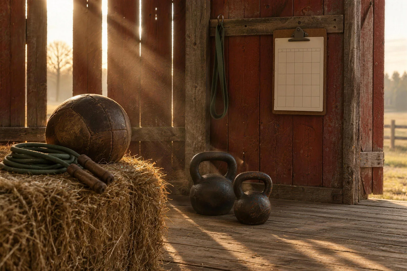 Training gear resting in an old timber barn at dawn