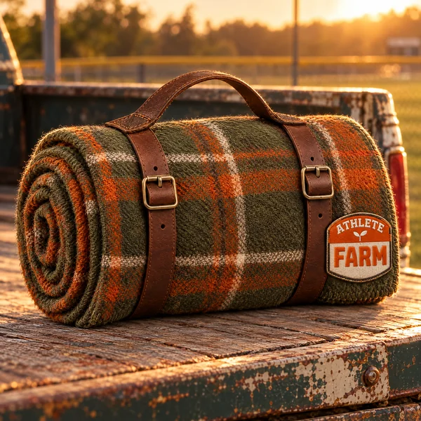 Athlete Farm plaid stadium blanket with leather strap, concept art