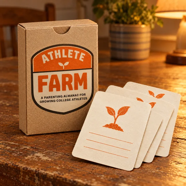 Athlete Farm conversation cards in a kraft box, concept art
